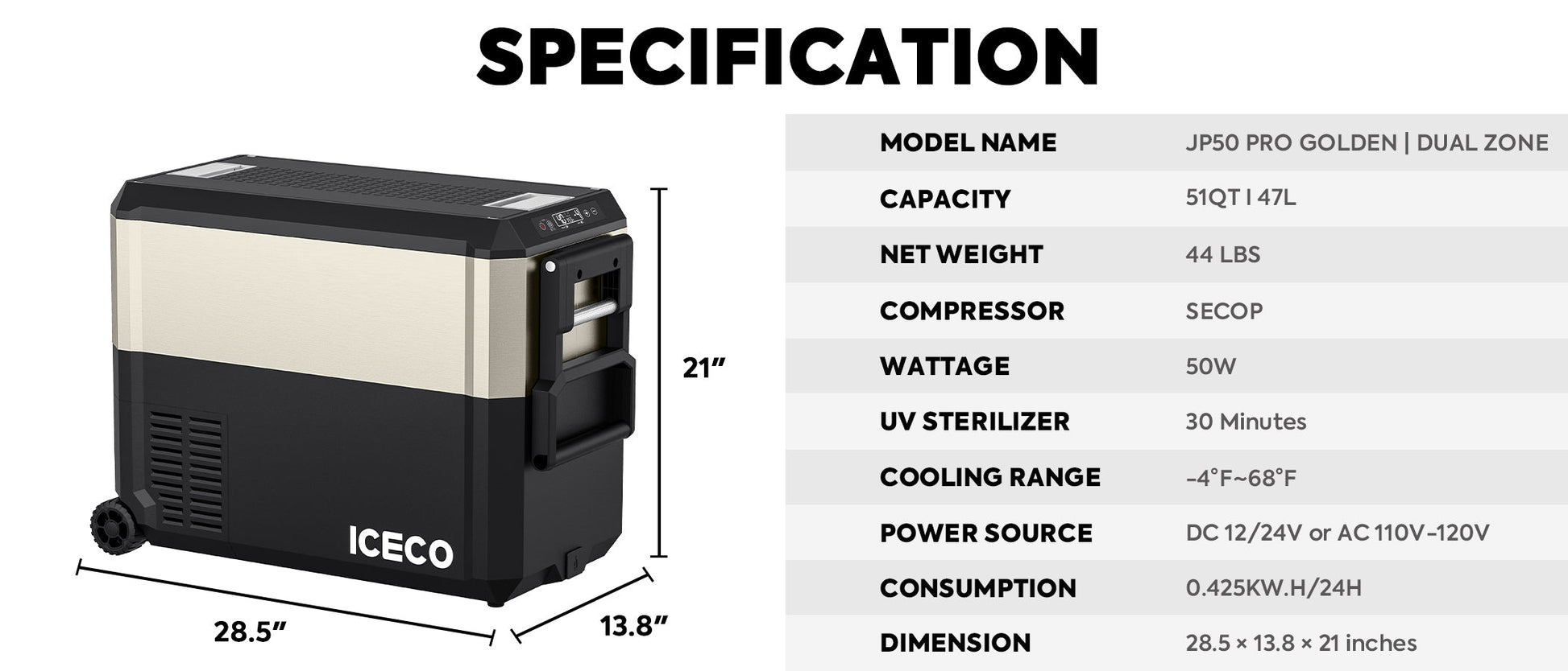 JP50 Pro Dual Zone Wheeled Portable Freezer With Cover - Gold | ICECO | 50 LT - GoFluxx
