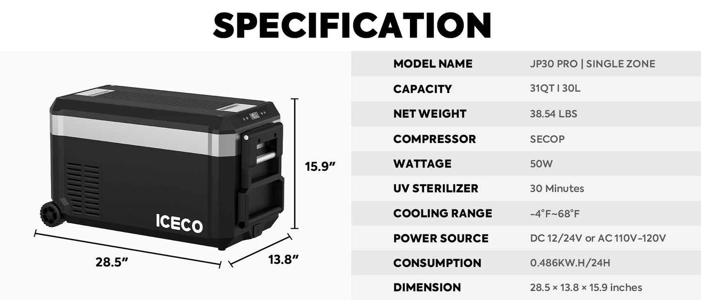 JP30 Pro Single Zone Wheeled Portable Freezer With Cover | ICECO | 30 LT - GoFluxx